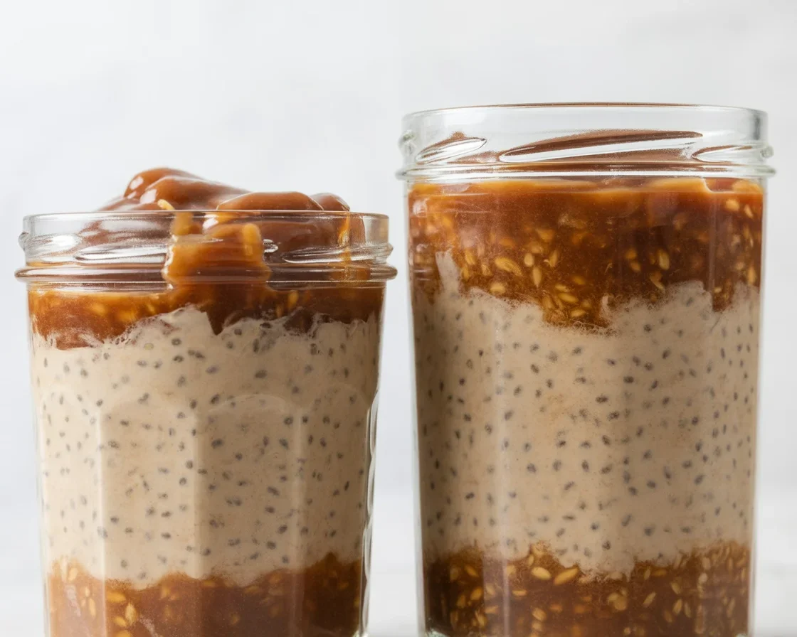 Healthy peach chia jam overnight oats topped with fresh peach slices and chia seeds.