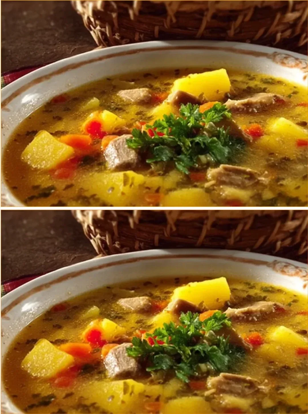 Delicious bowl of creamy potato soup with mushrooms garnished with herbs