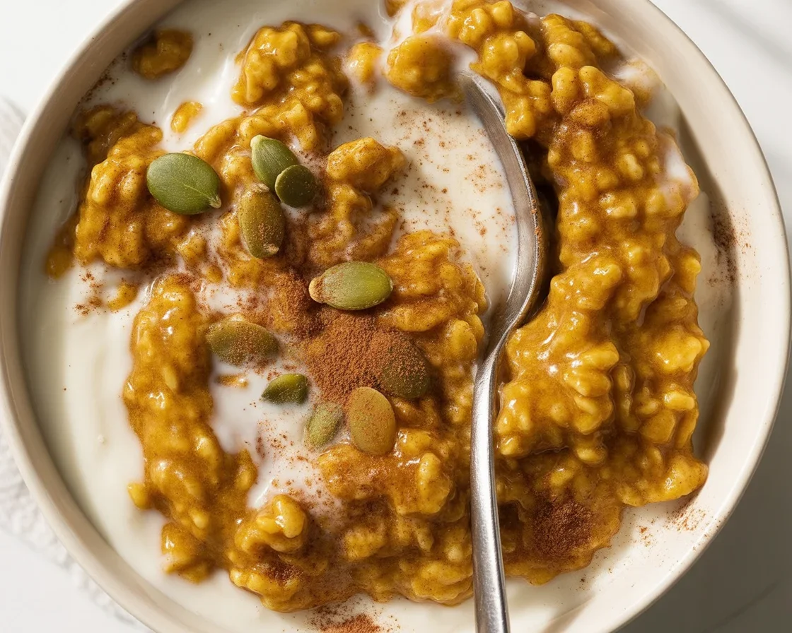 Delicious pumpkin spice oatmeal topped with maple syrup and spices in a bowl.