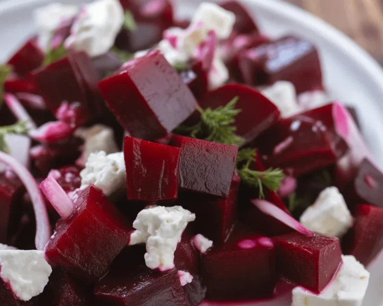 A colorful roasted beet & goat cheese salad with arugula and walnuts.