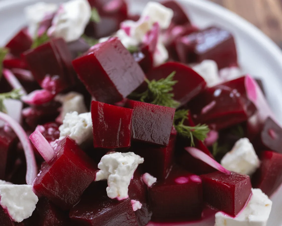 A colorful roasted beet & goat cheese salad with arugula and walnuts.