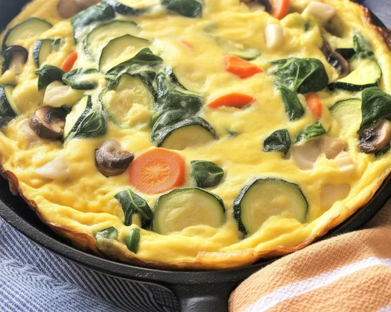 Delicious roasted vegetable frittata with garlic, cheese, and golden mushrooms.