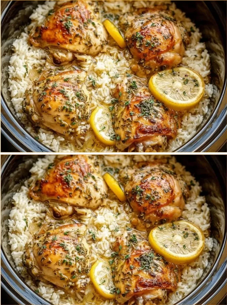 Delicious slow cooker lemon herb chicken served with fluffy rice on a plate