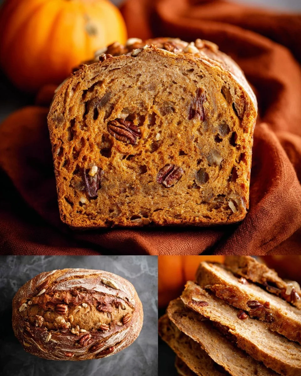 Freshly baked sourdough pumpkin apple bread with cinnamon and pecans