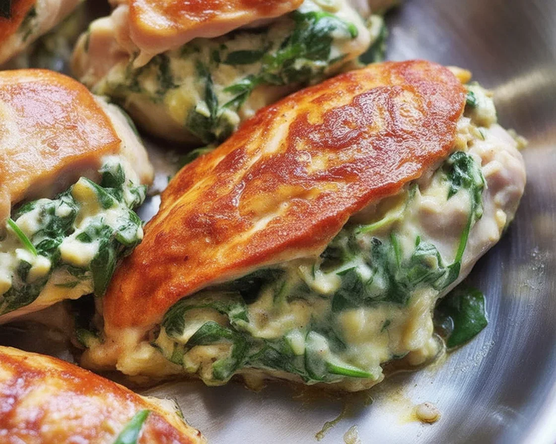 Delicious Spinach Artichoke Stuffed Chicken with creamy filling and melted cheese