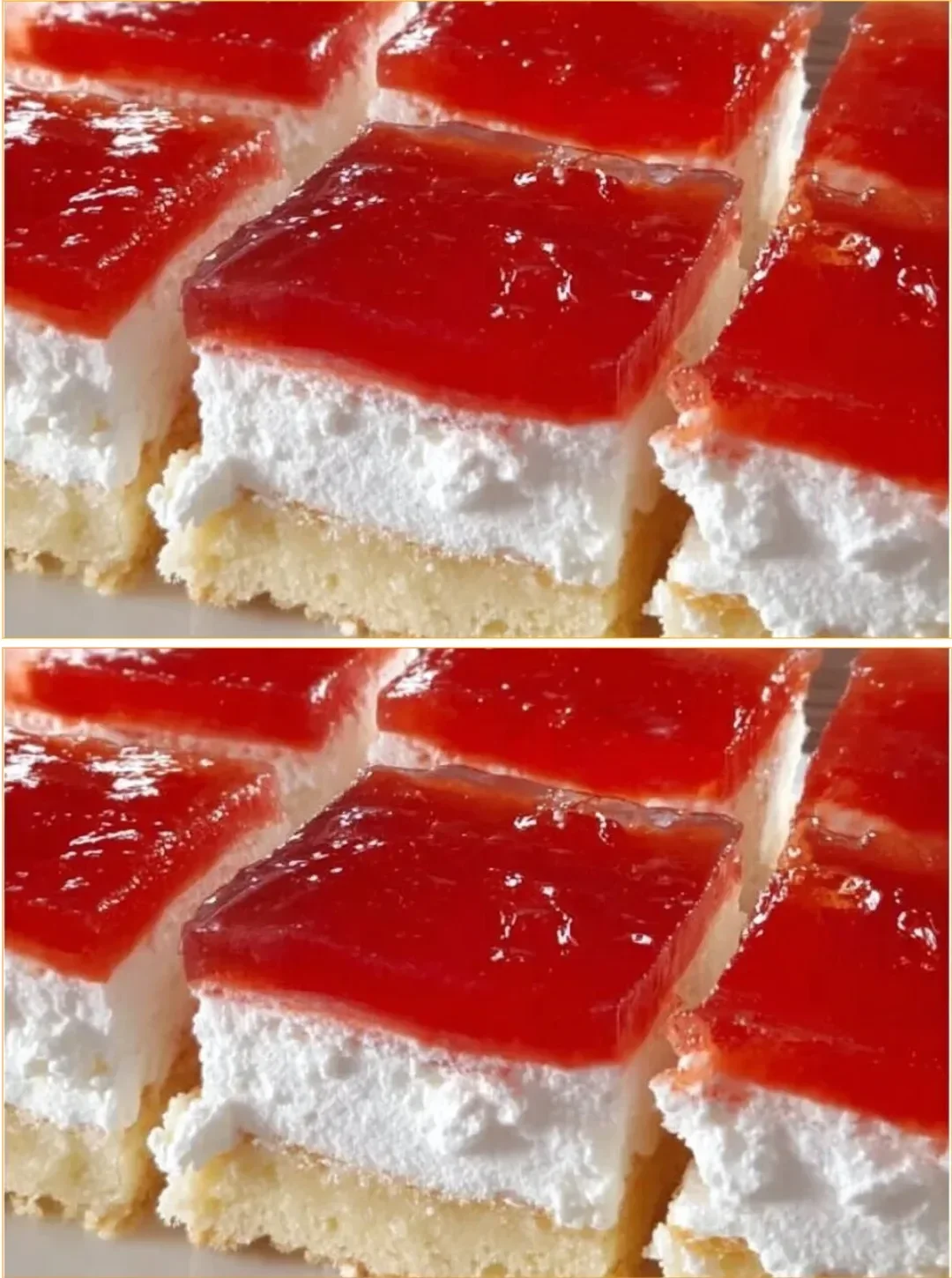 Sponge cake topped with soft cream and colorful jelly layers.