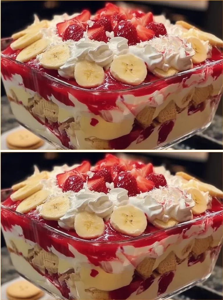 Delicious strawberry banana pudding dessert with fresh strawberries and bananas