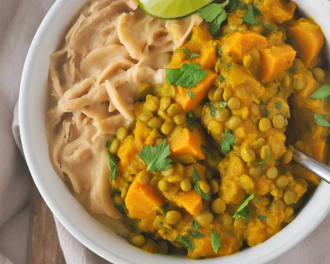 Bowl of sweet potato lentil curry topped with coconut milk and spices.