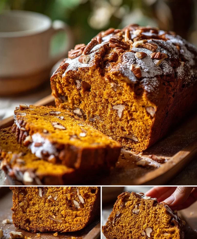 Sweet sourdough pumpkin bread topped with cinnamon and pecans, ideal for fall baking.