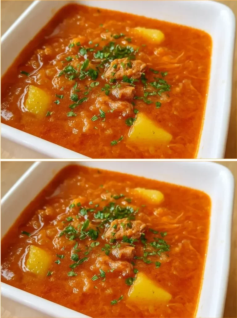 Thick cabbage soup with sausage and potatoes served in a bowl