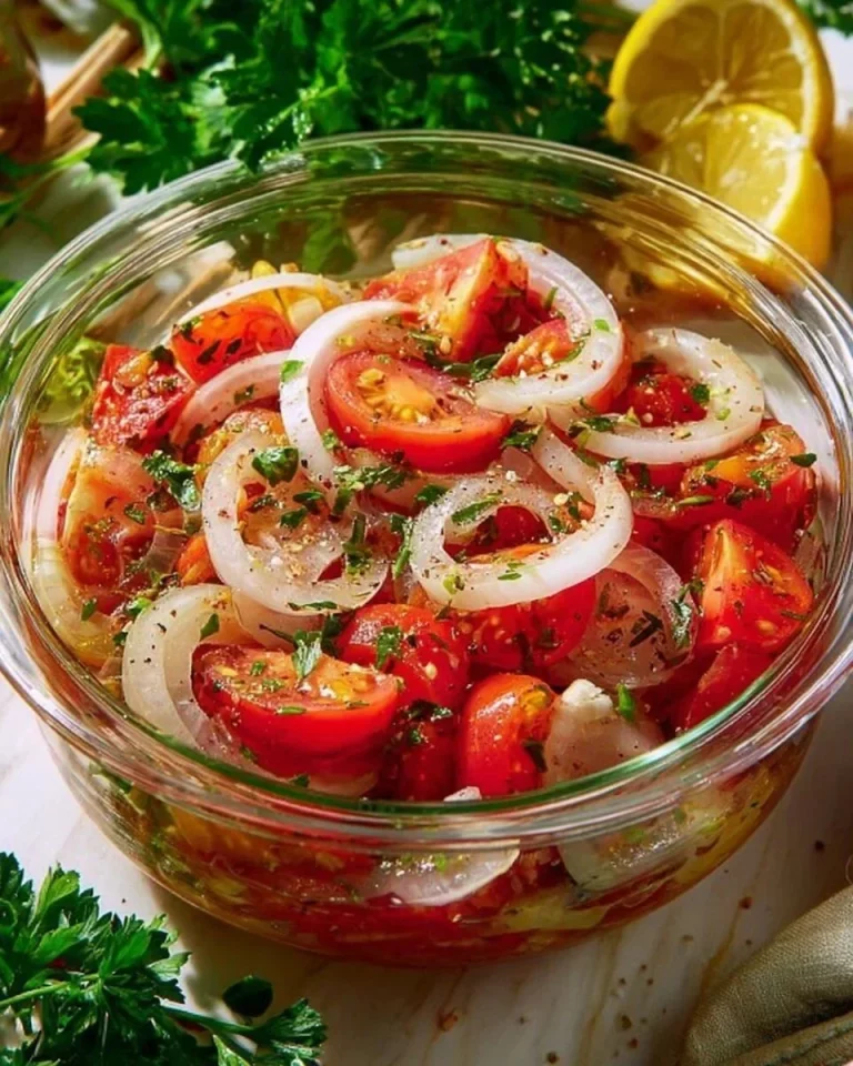 Tomato salad with onion and homemade dressing served in a bowl