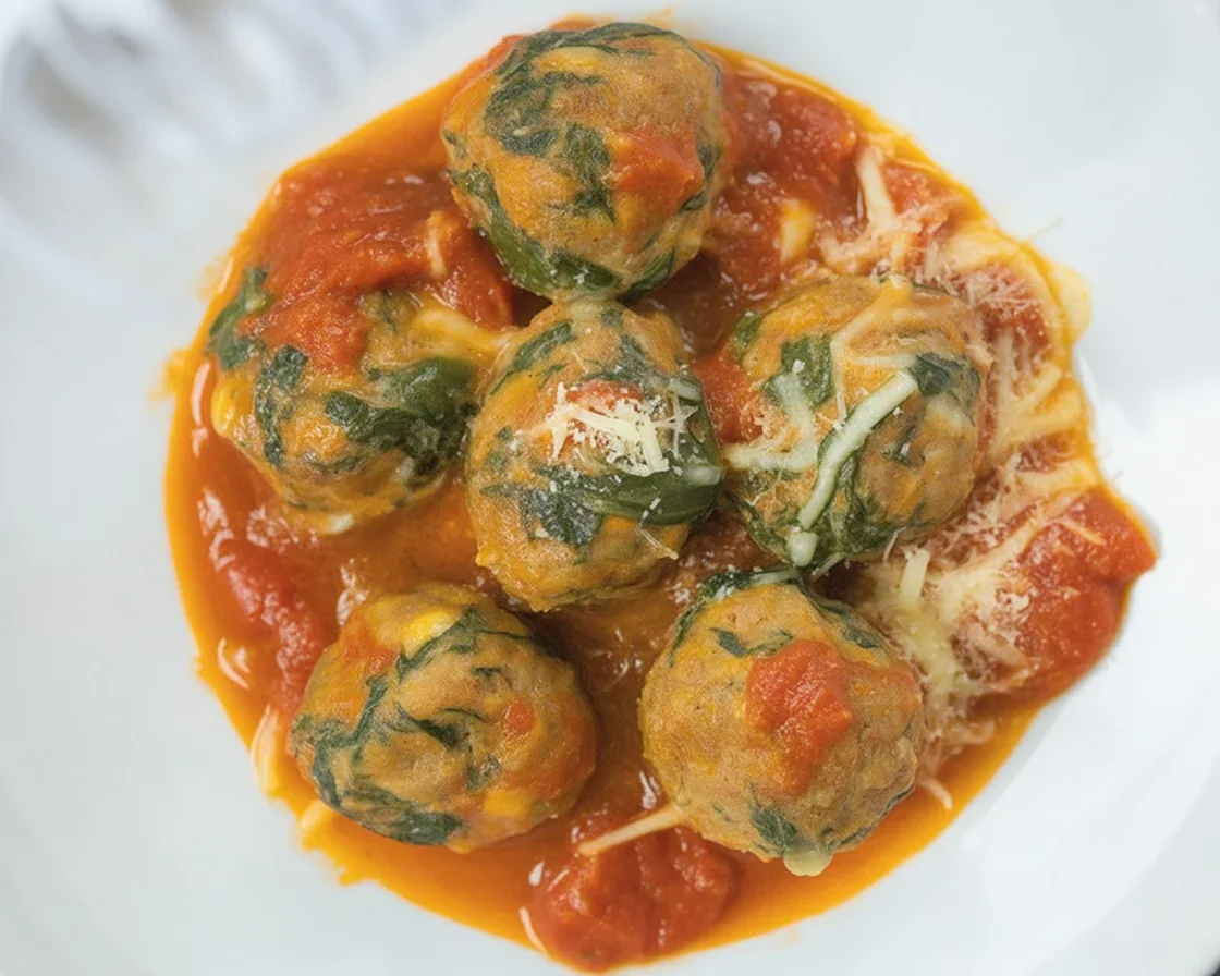 Baked turkey spinach meatballs served on a plate with herbs and sauce.