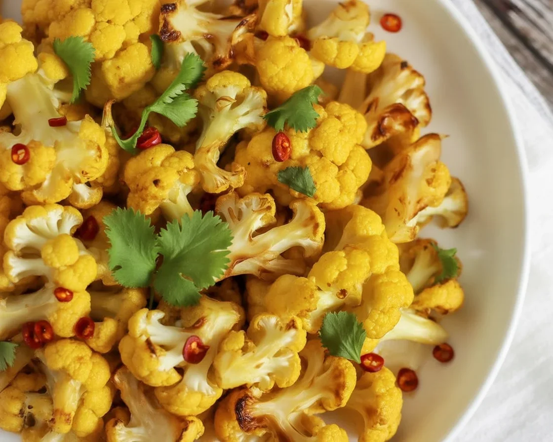 Turmeric cauliflower roast with spices and garlic, baked to golden perfection.