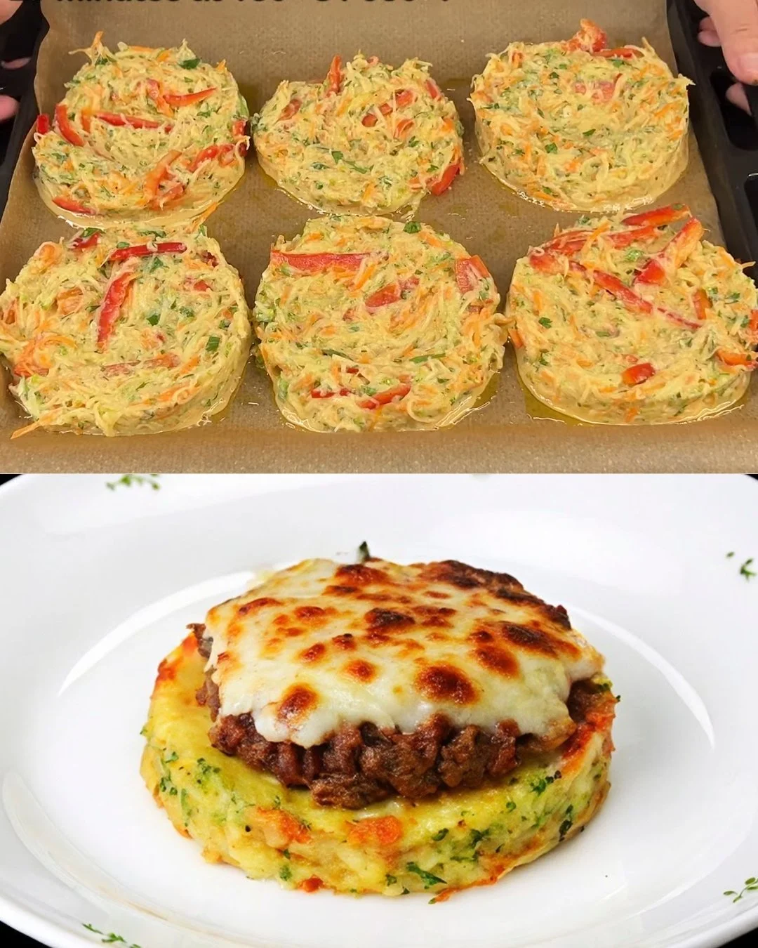 Delicious Vegetable and Beef Schnitzel Bake served on a plate with fresh herbs