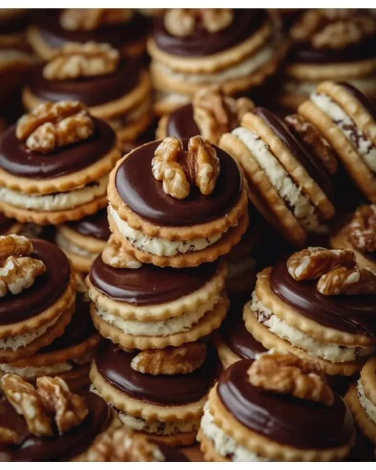 Delicious Walnut Ovals with egg white buttercream and chocolate glaze.