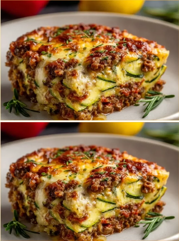 Delicious Zucchini Pizza Casserole topped with cheese and vegetables