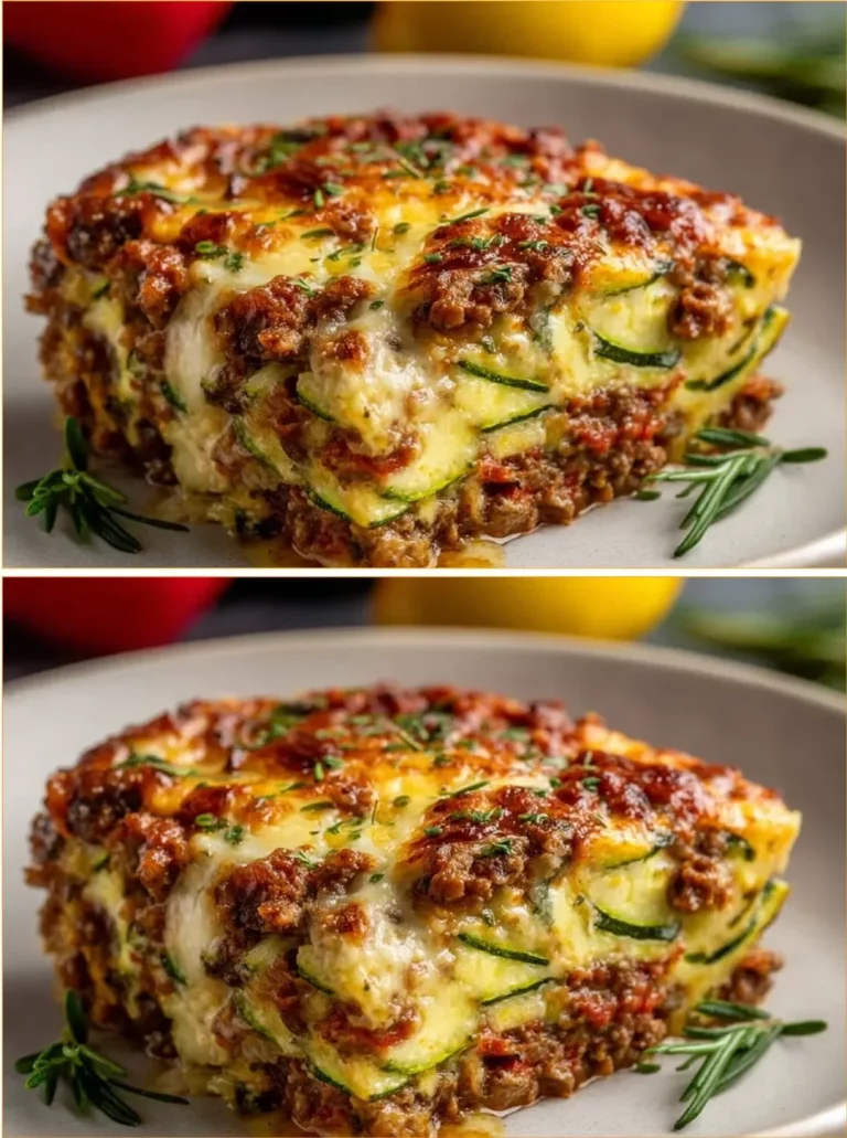 Delicious Zucchini Pizza Casserole topped with cheese and vegetables