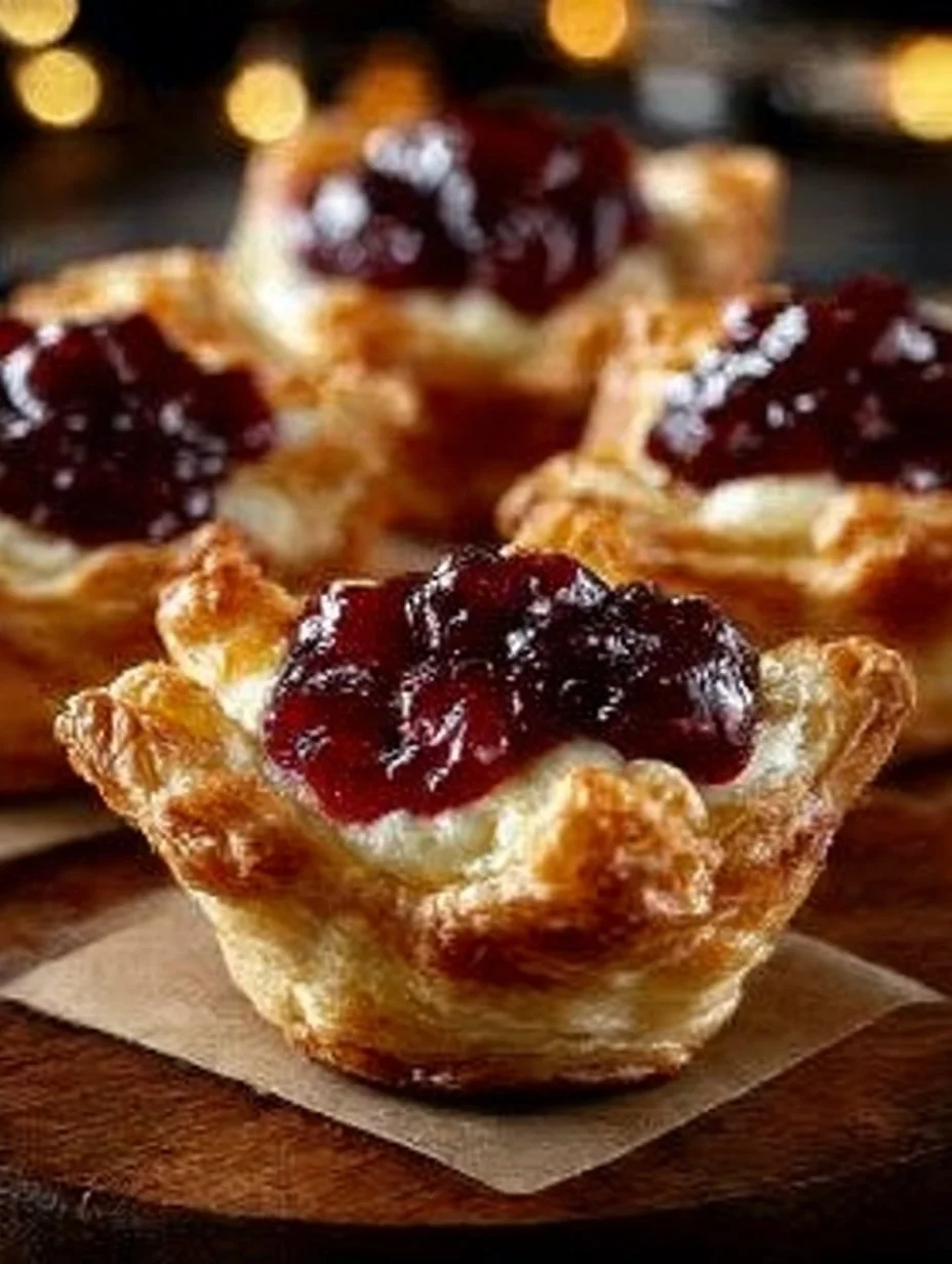 Baked cranberry brie bites with flaky pastry and cranberries on a wooden platter