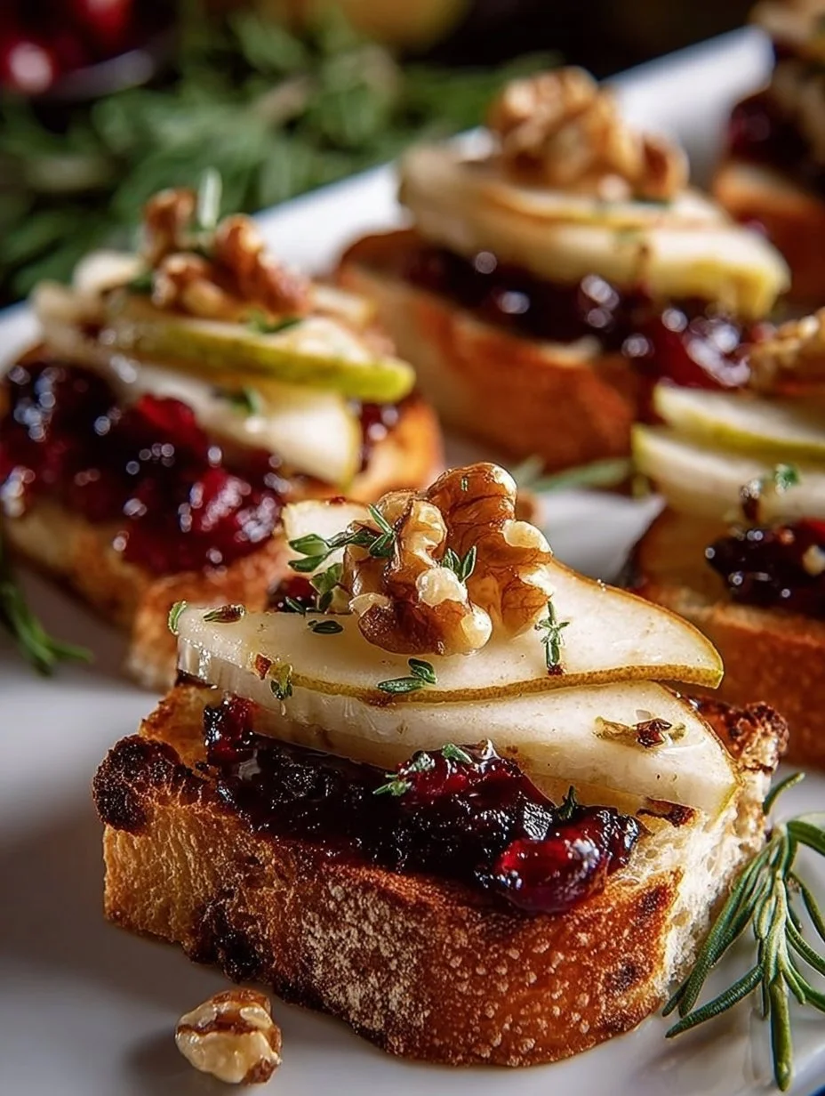 Brie and Pear Crostini topped with fresh pear slices on toasted bread