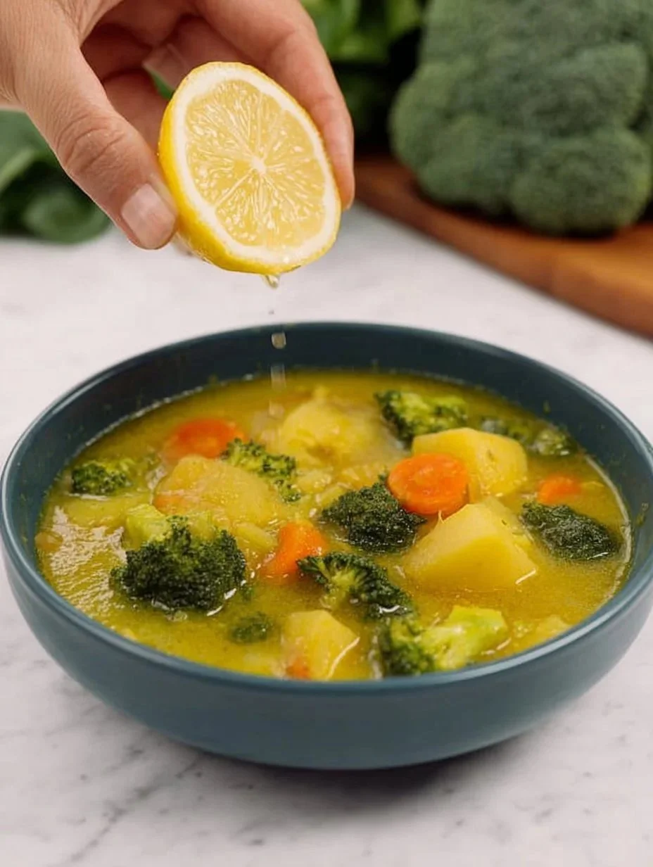 A bowl of creamy broccoli soup with carrots and potatoes garnished with fresh herbs