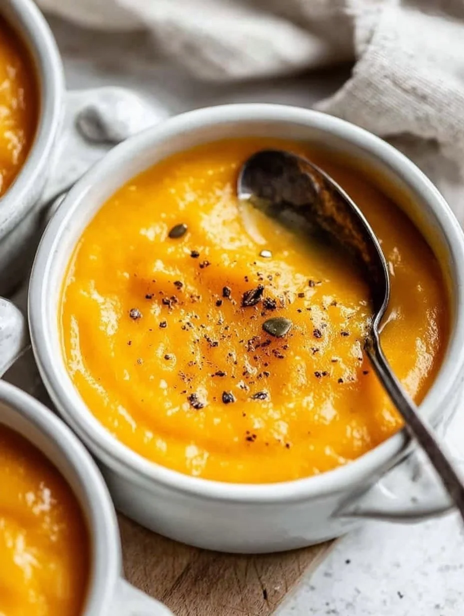 Butternut squash apple soup served in a bowl with fresh herbs
