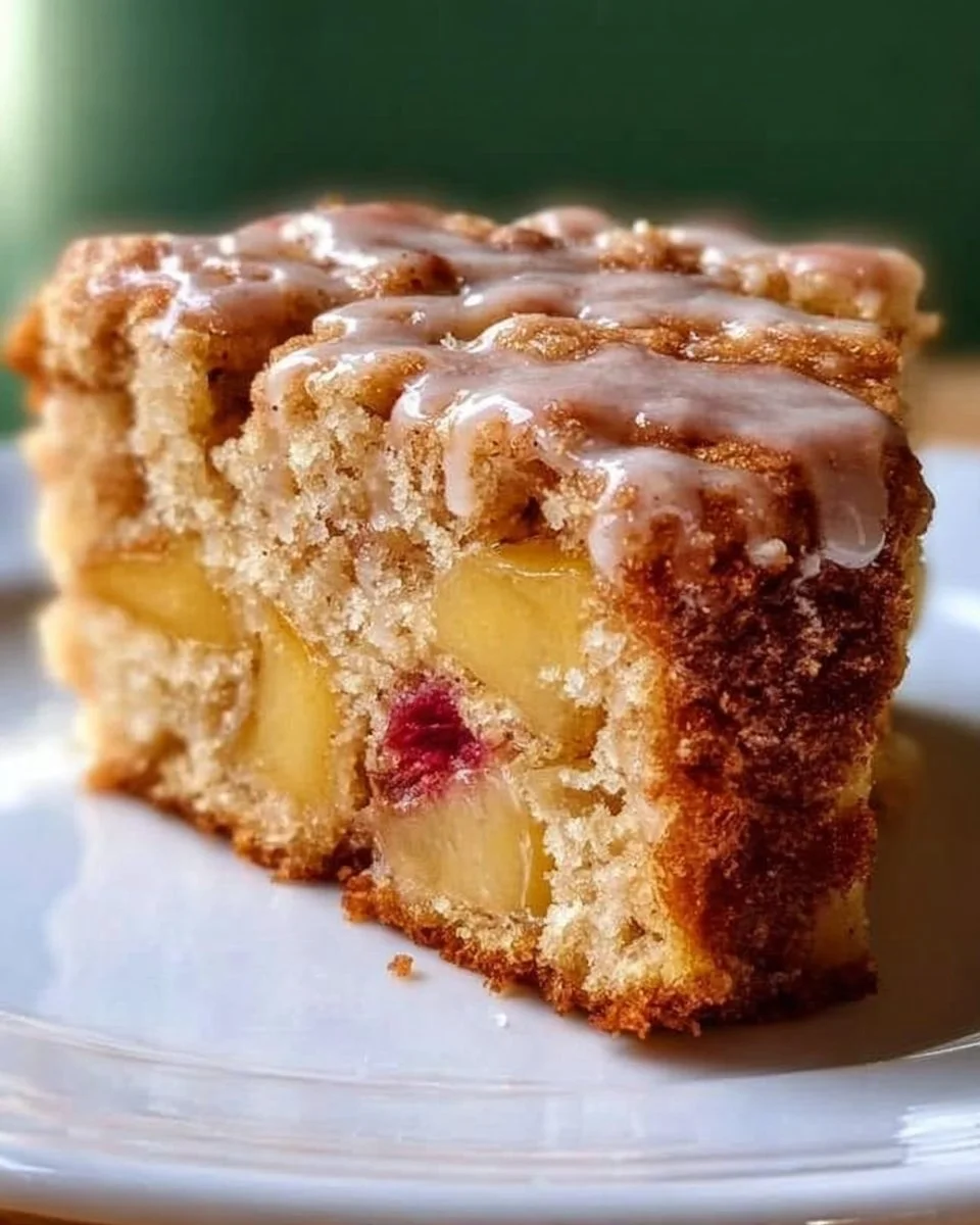 Delicious Cinnamon Apple Cake with a slice cut, showcasing its moist texture and apple pieces.