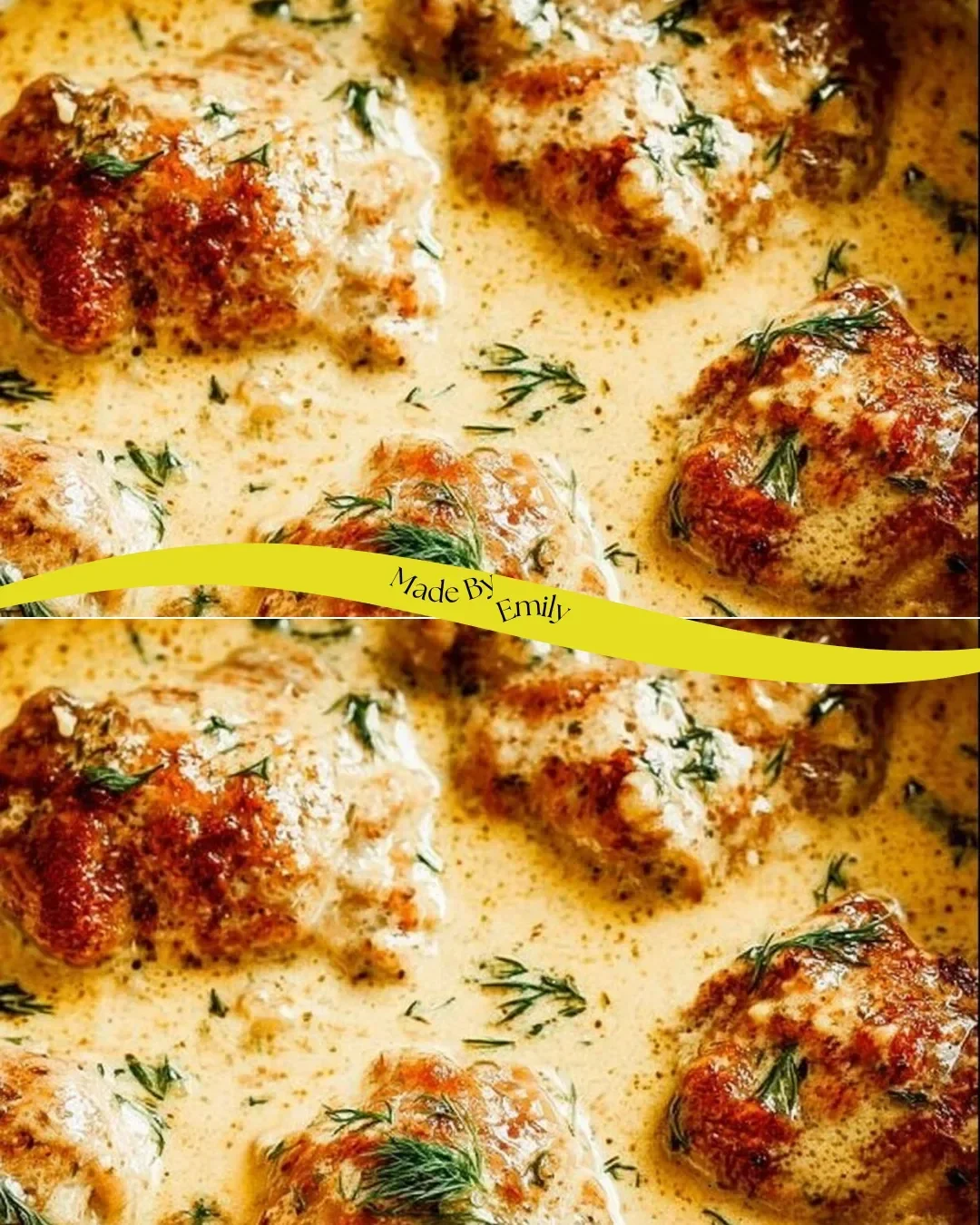 Delicious creamy oven baked chicken thighs garnished with herbs
