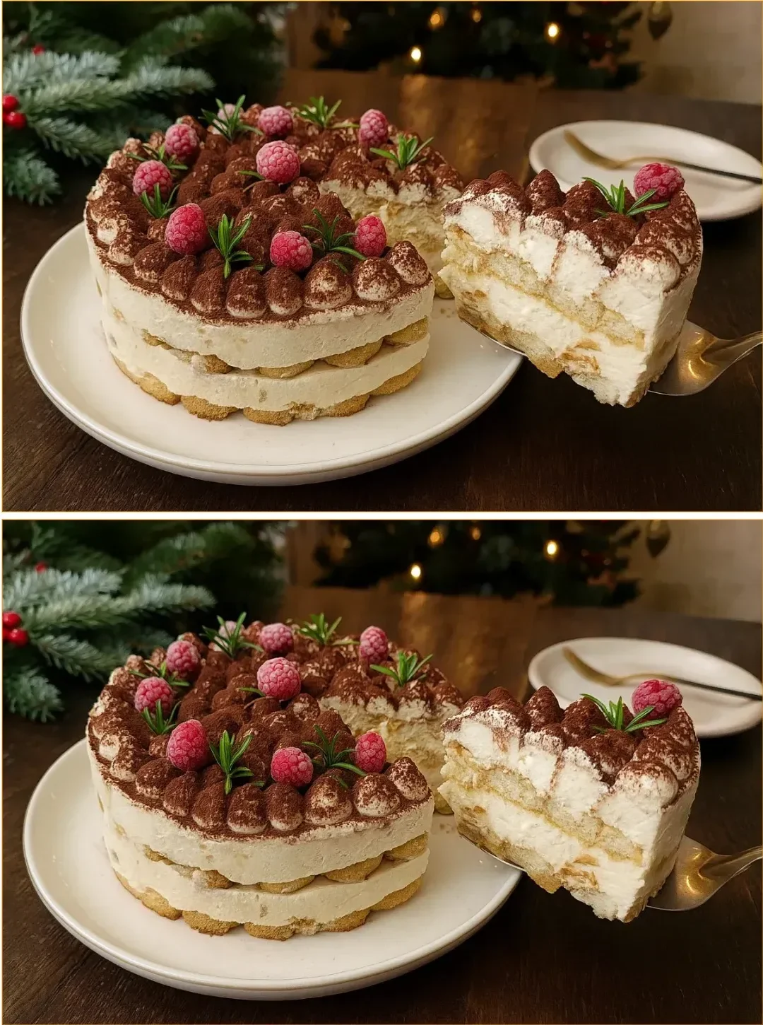 Festive no-bake cake flake topped with whipped cream and berries