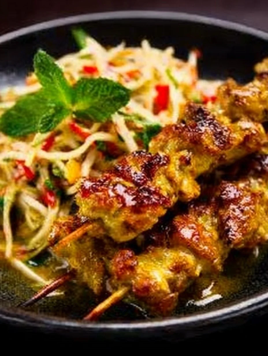 Grilled Pepper Chicken served with Green Mango Salad on a plate