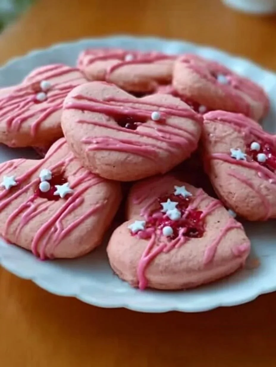Hearts of Pink Linz cookies filled with currant jam on a decorative plate.