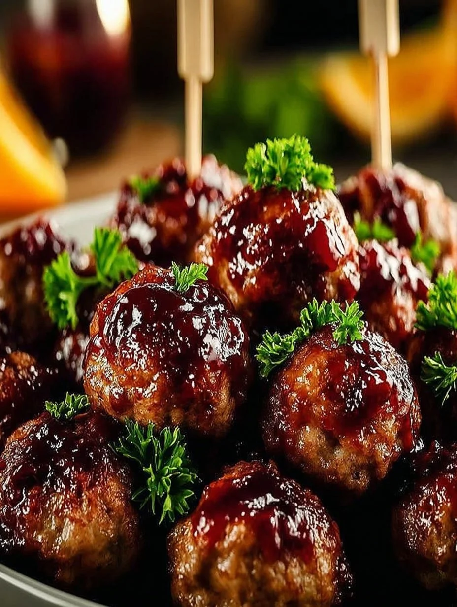 Holiday meatballs served with cranberry orange sauce on a festive plate
