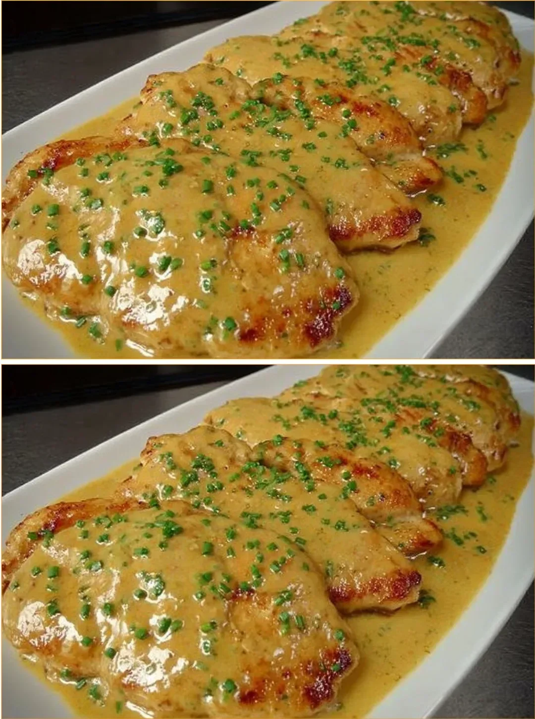 Juicy chicken fillet in creamy sauce on a plate garnished with herbs