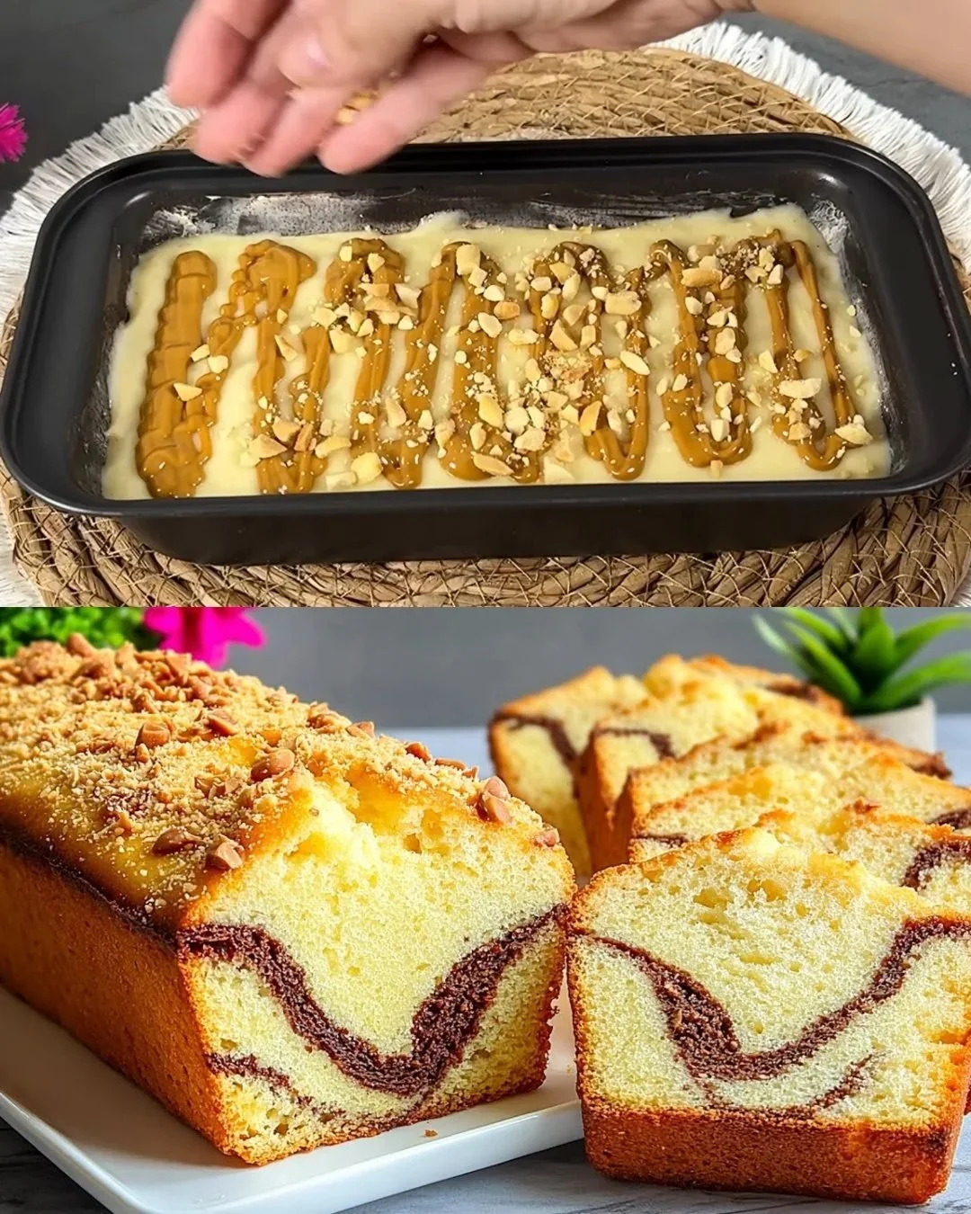 Delicious marbled cake topped with creamy Biscoff frosting on a white plate.