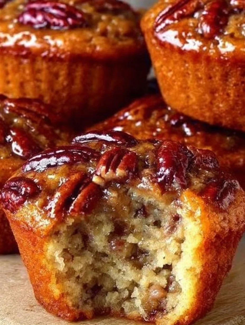 Mini pecan pie muffins on a wooden table with decorative nuts