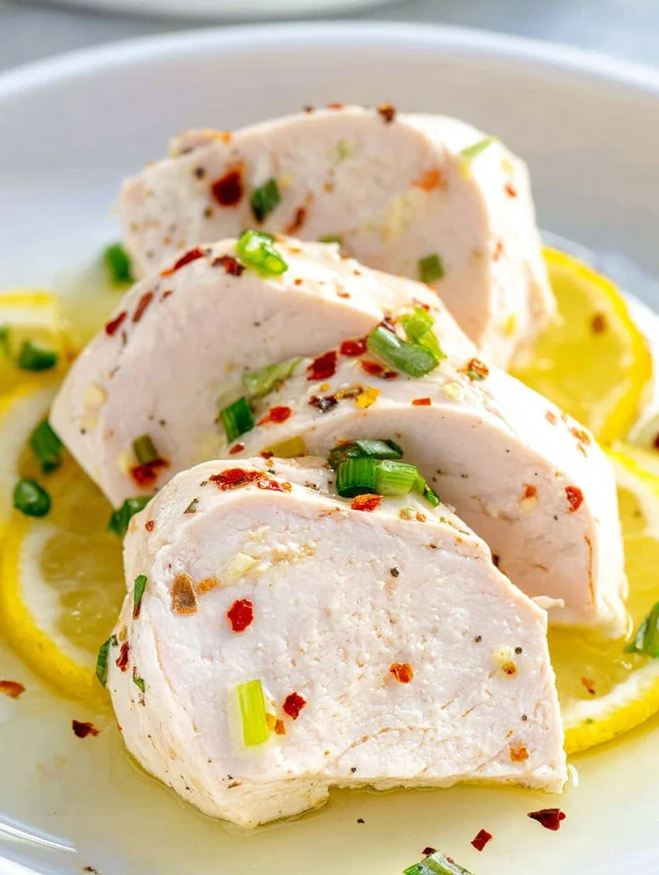 Perfectly poached chicken breast served with vegetables and herbs.