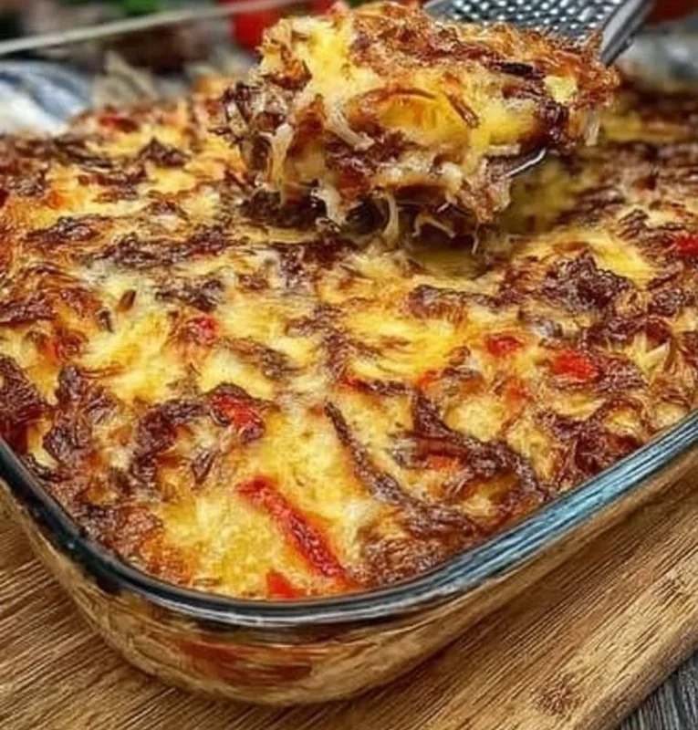 A scrumptious Potato and Pepper Bake dish garnished and ready to serve.