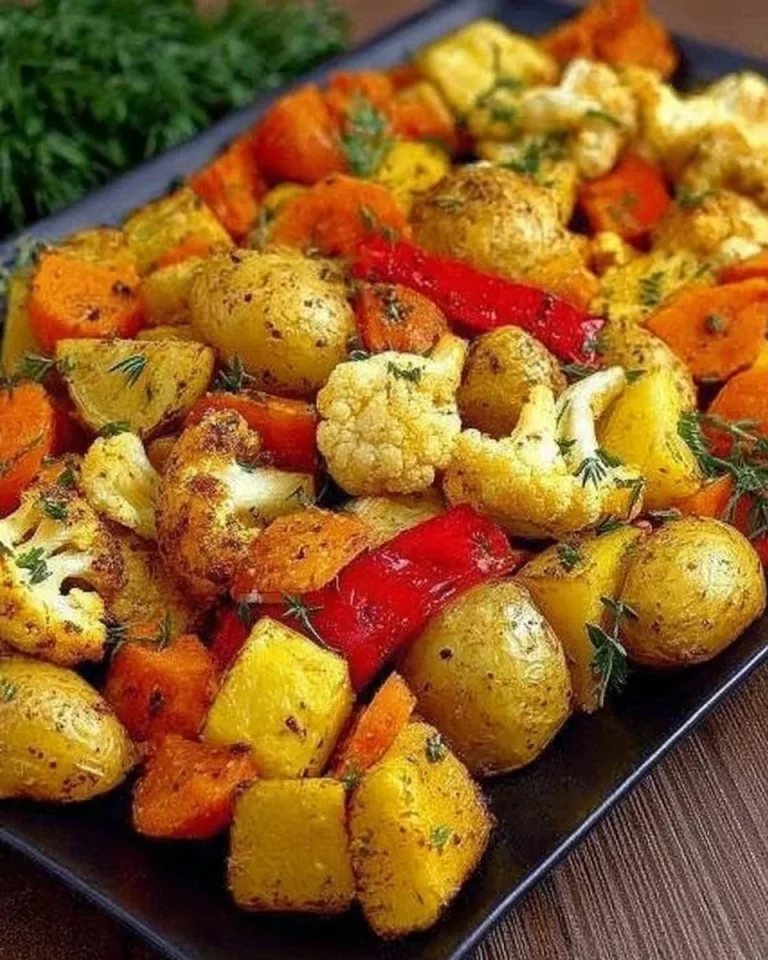 Baked potatoes with colorful vegetables in a roasting pan