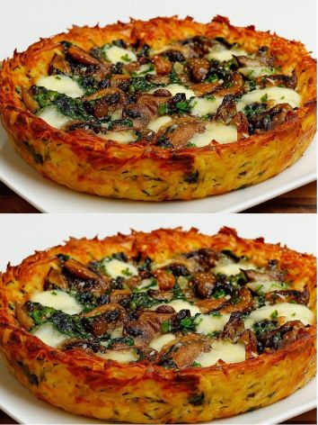 Crispy Grated Potato Pie with Spinach and Mushrooms