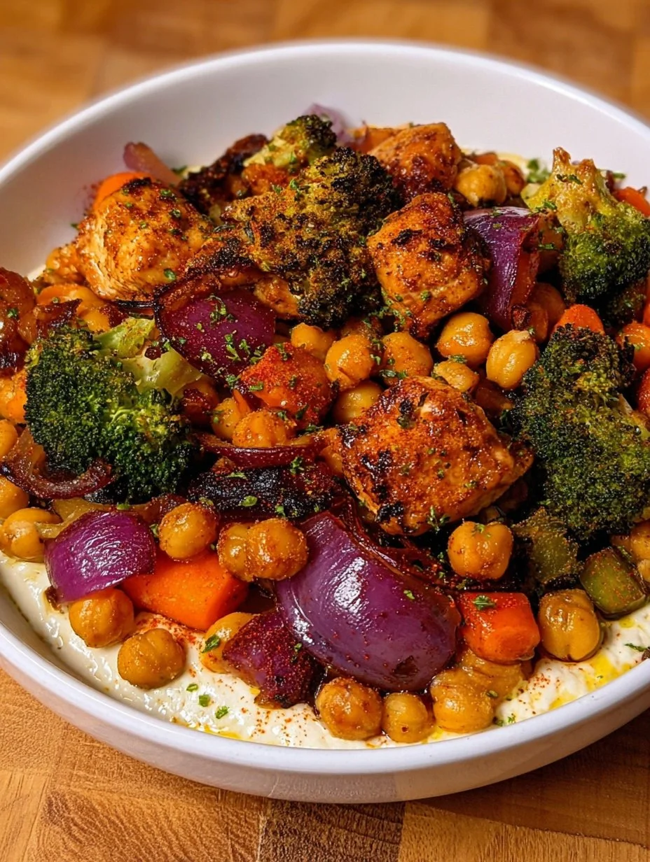 Plate of roasted vegetables topped with creamy tahini-yogurt dressing.