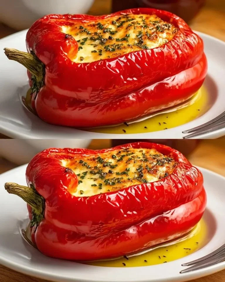 Colorful stuffed peppers filled with rice, meat, and vegetables on a plate.