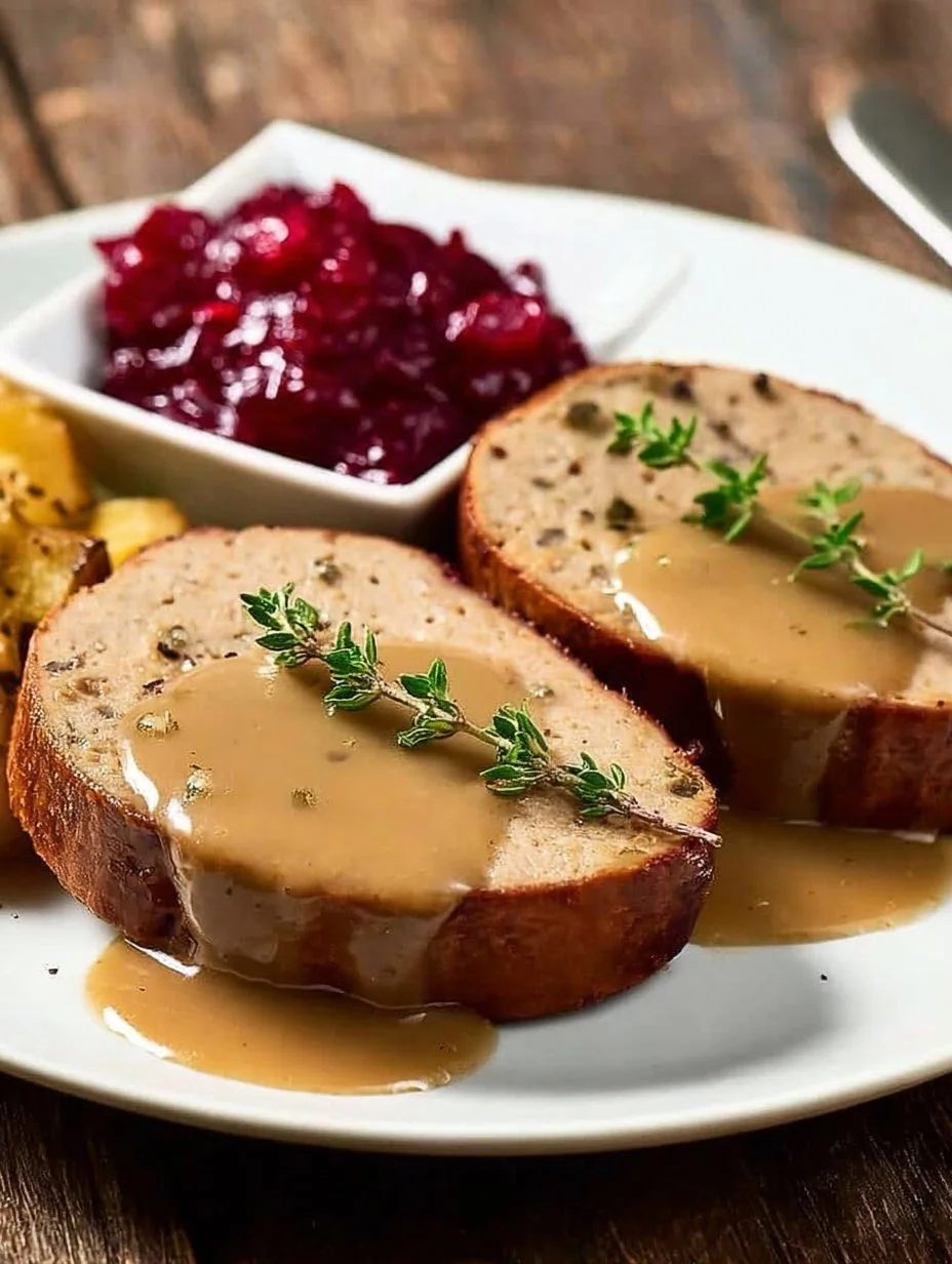 Savory Vegan Holiday Roast served on a festive table, garnished with herbs.