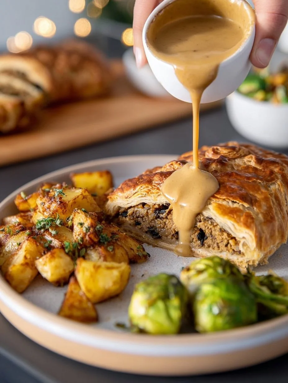 A beautifully plated Vegan Wellington with vegetables and herbs