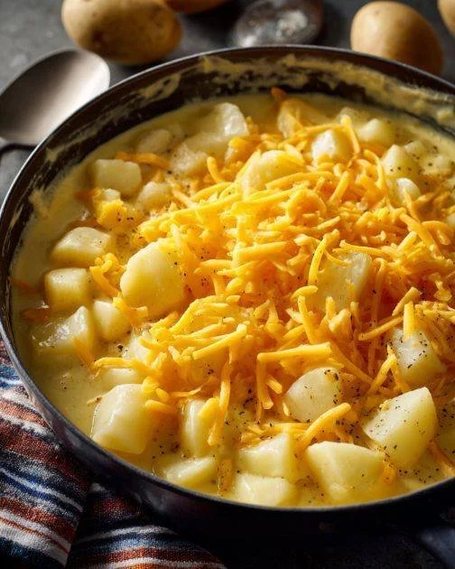Bowl of creamy 4 ingredient cheddar potato soup with toppings