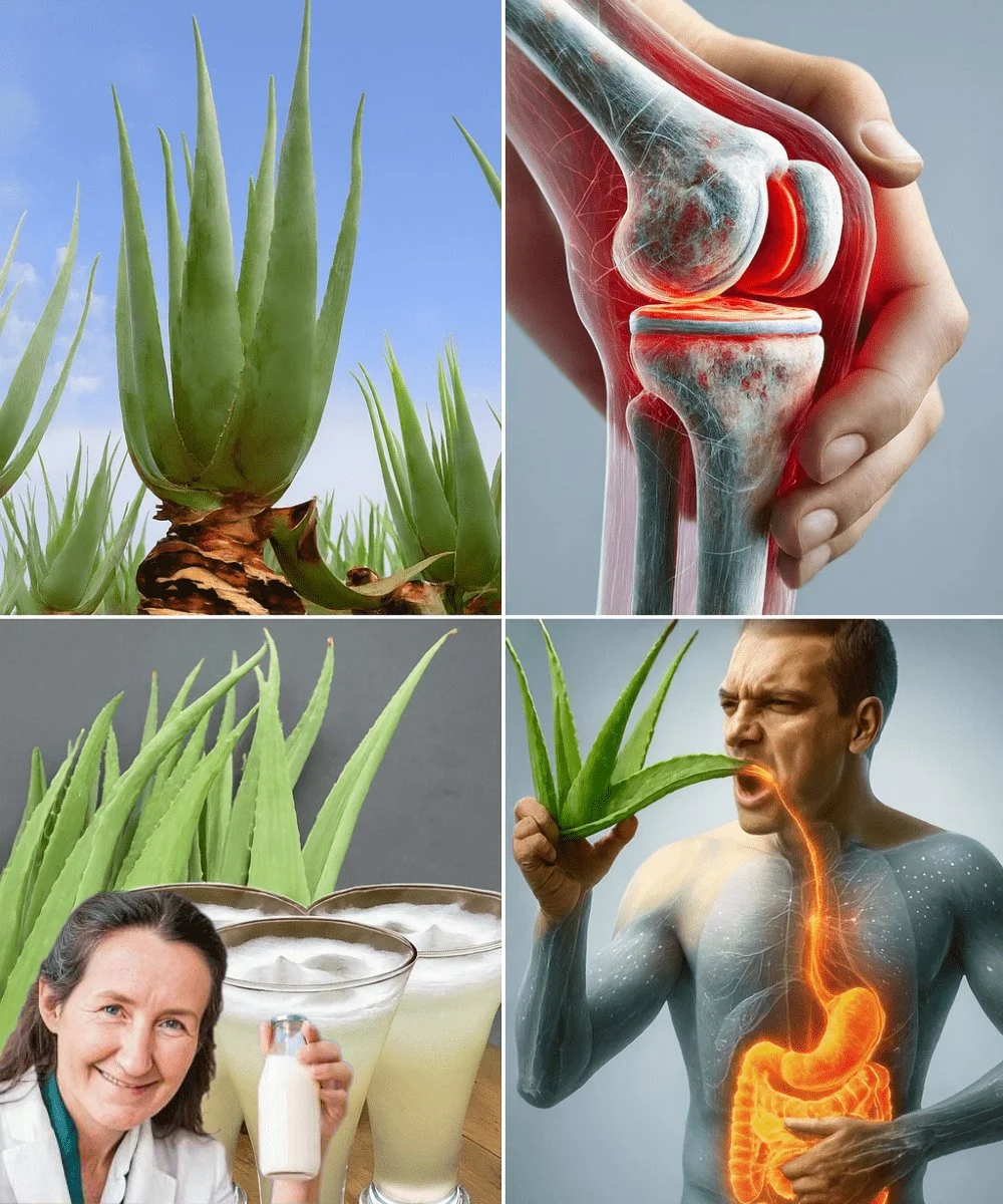 Aloe Vera Juice in a glass surrounded by fresh aloe leaves