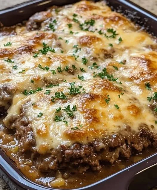 Amish Hamburger Steak Bake served with sides on a rustic table
