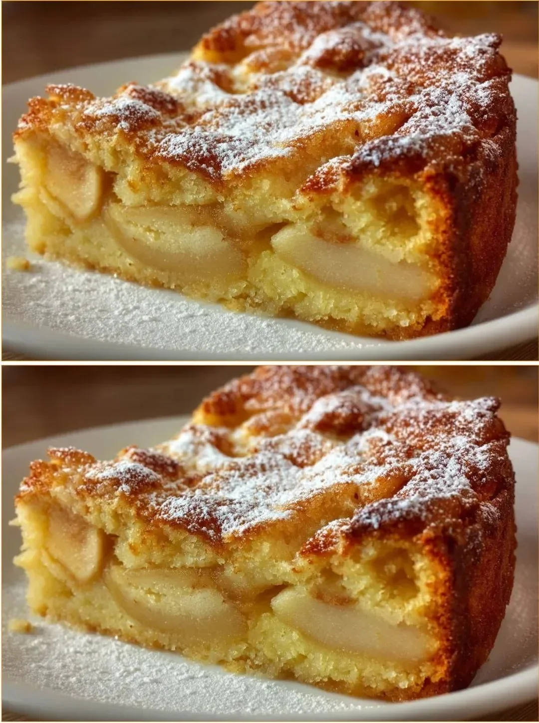 Delicious slice of Authentic German Apple Cake garnished with powdered sugar.