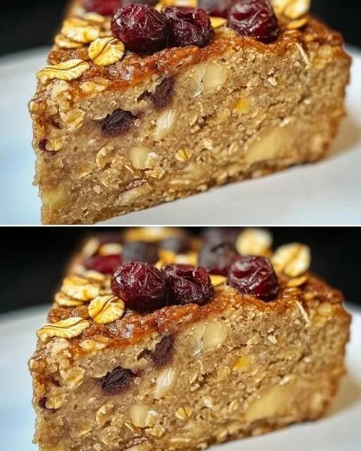 Baked oatmeal with banana and apple served in a bowl, topped with nuts and seeds.