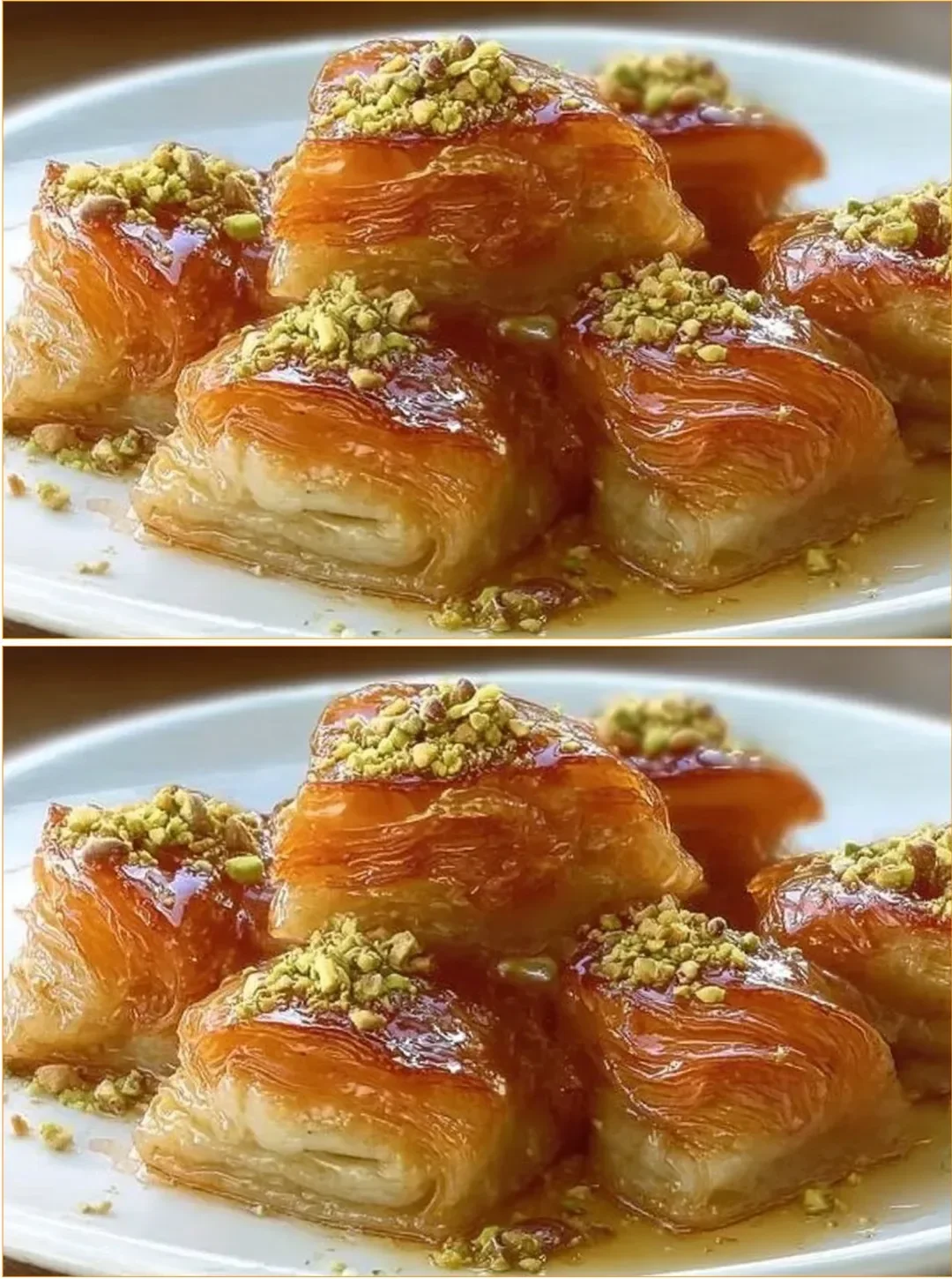 Delicious layers of baklava topped with crushed nuts and honey syrup.