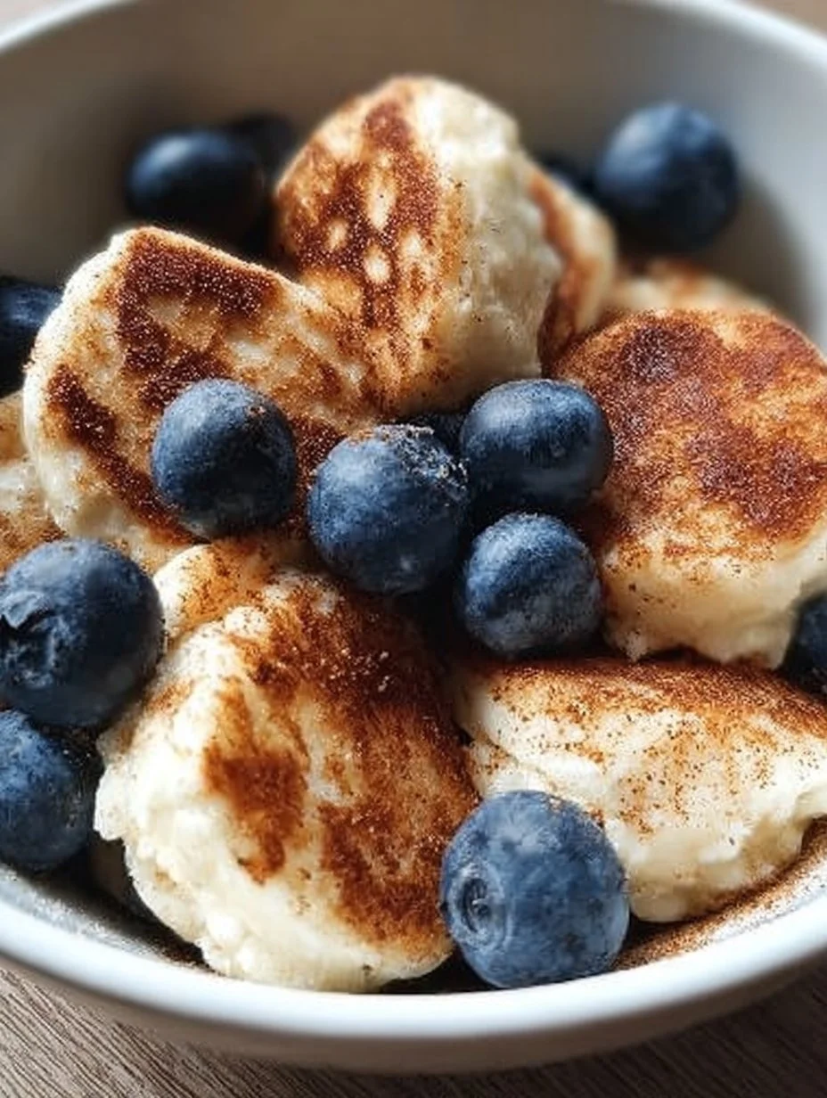 Blueberry Cinnamon Cottage Cheese Pancake Bites served on a plate