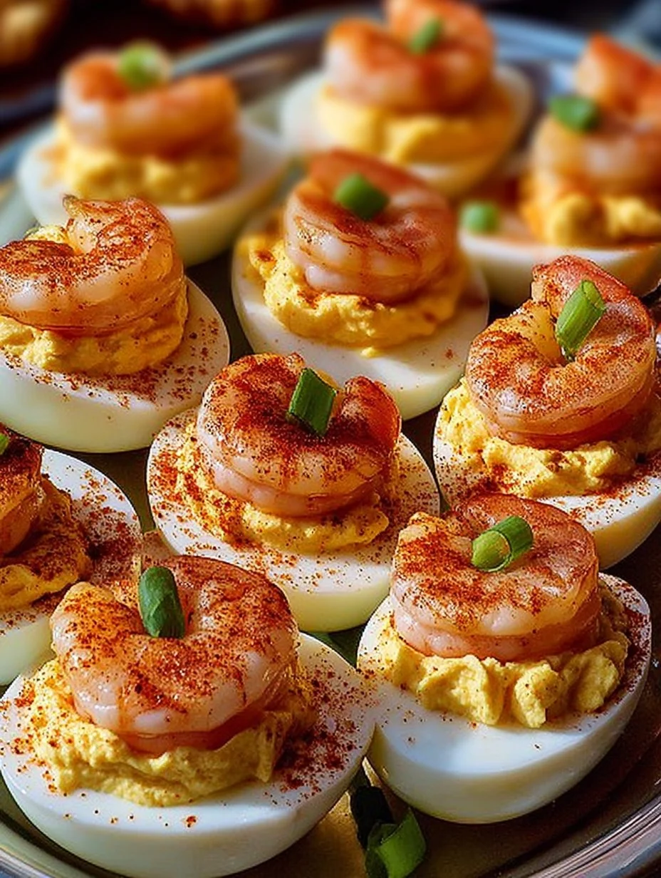 Cajun Shrimp Deviled Eggs topped with spices and herbs